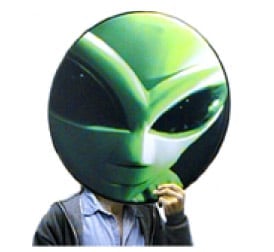 Guy Holding up Drumhead to his head that looks like an Alien