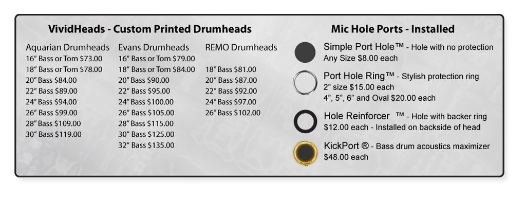 custom bass drum heads price list or use our designer app for accurate pricing