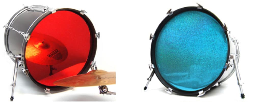 Red chrome bass drum head and Sky blue sparkle bass drum head