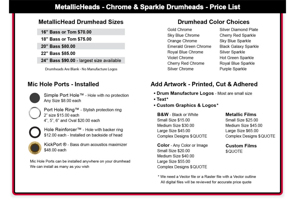 MetallicHeads chrome and sparkle drum heads price list