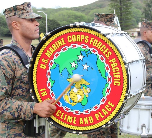 US Marine Corps Forces Pacific military bass drummer playing custom bass drum head 