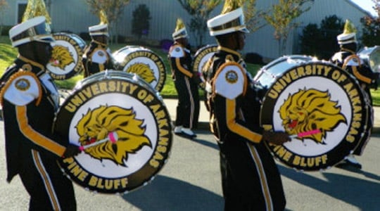 Marching band drumline using custom marching bass drum heads