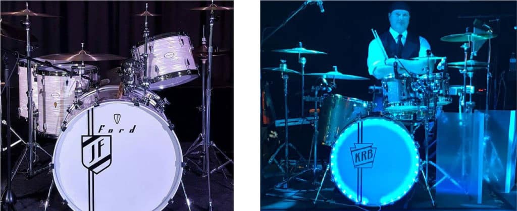 vintage drum logos on Ford drum set